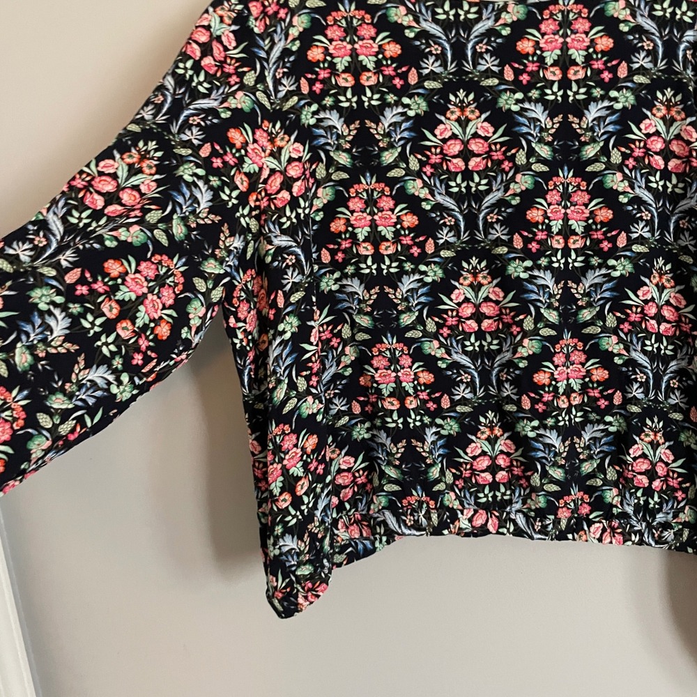 LOFT Floral Damask Print Long Sleeve Cropped Blouse‎ Navy XL feminine career nwt - Picture 2 of 14